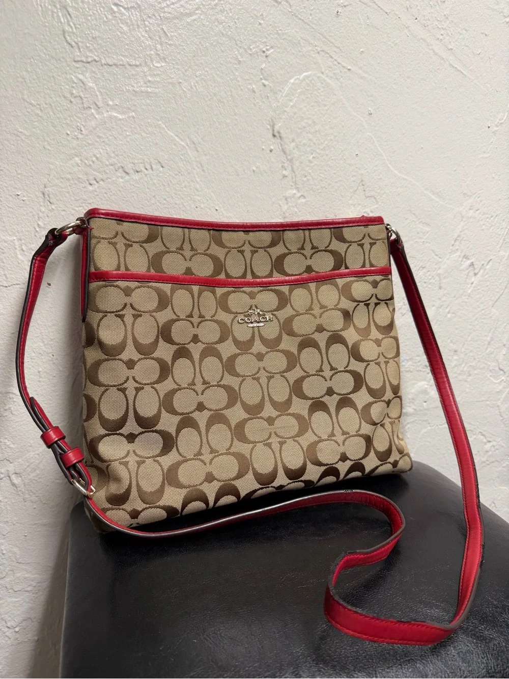 Coach Signature Canvas File Crossbody Bag in Khaki/Classic Red, model F36378